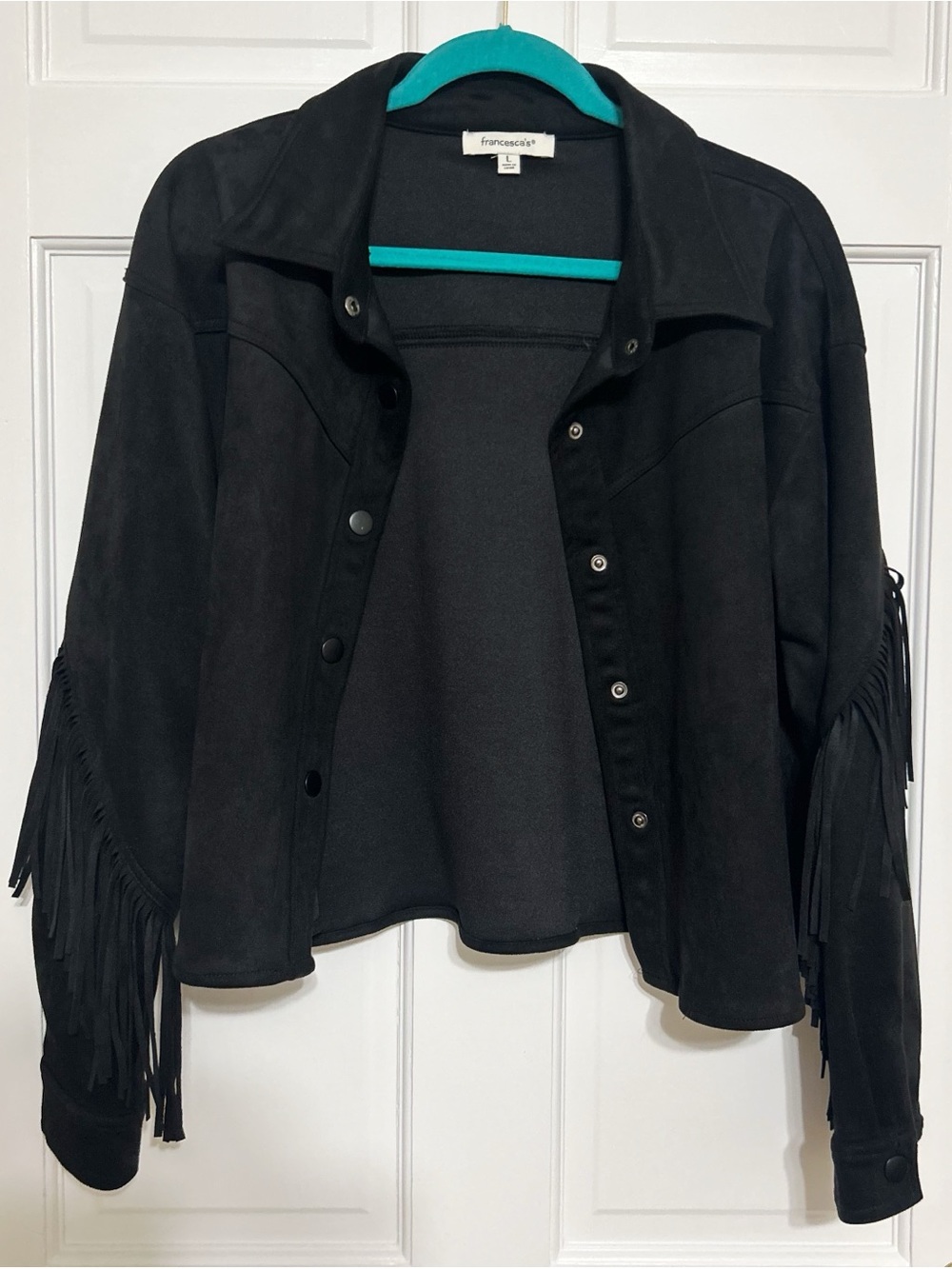 Francesca's Collections Black Suede-Look Fringe Bomber Jacket